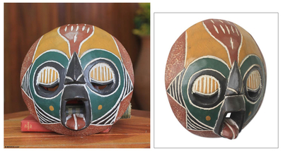 Máscara de madera africana, 'Ogya' - Máscara de fuego festiva africana tallada a mano en Ghana