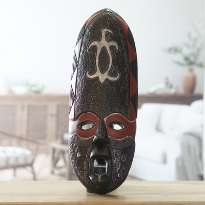 African wood mask, 'Hye Wonnye II' - African Wood Mask with Adinkra Symbol in Embossed Aluminum