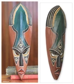 African wood mask, 'Alibarkana' - African Mask Hand Carved Wood Aluminum Brass