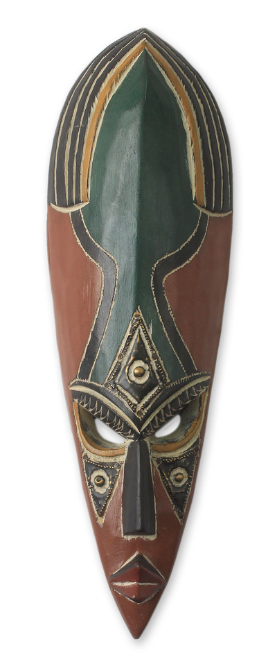 African wood mask, 'Alibarkana' - African Mask Hand Carved Wood Aluminum Brass