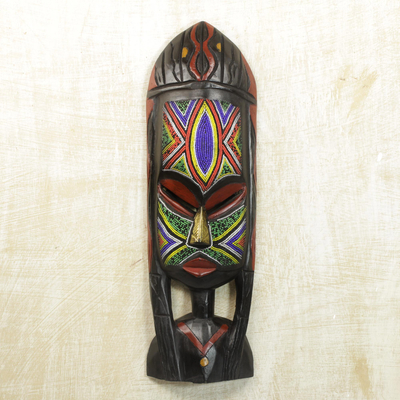 African beaded wood mask, 'Na Gode' - African Beaded Mask Sculpture Crafted by Hand