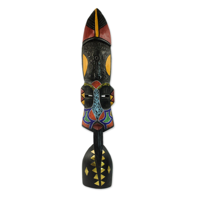 African wood mask, 'Rana Ta Sa II' - Beaded African Mask Hand-carved Wood