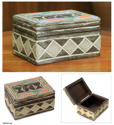 Beaded wood jewelry box, 'Ghana Tradition' - West African Beaded Wood Jewelry Box