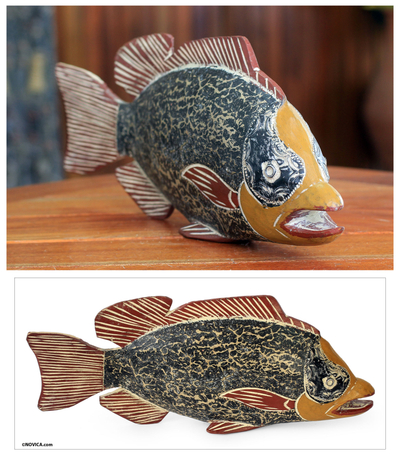 Escultura de madera - Escultura artesanal de pez africano