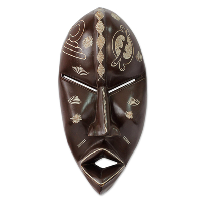 Afrikanische Holzmaske, „Gye Nyame“ – handgefertigte afrikanische Maske mit Adinkra-Symbolen