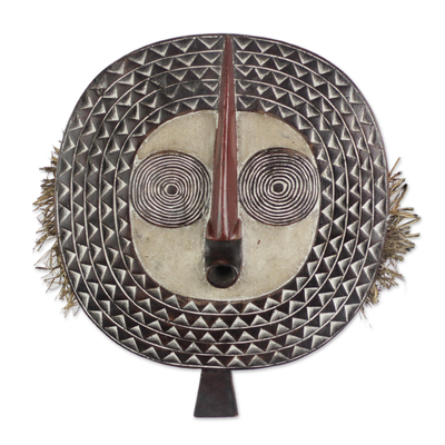 African wood mask, 'Festival Sun' - Hand Carved African Sese Wood Sun Mask with Raffia