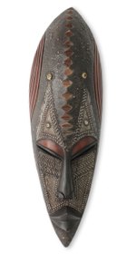 African wood mask, 'Royal Mask' - Original African Wood Mask with Embossed Aluminum