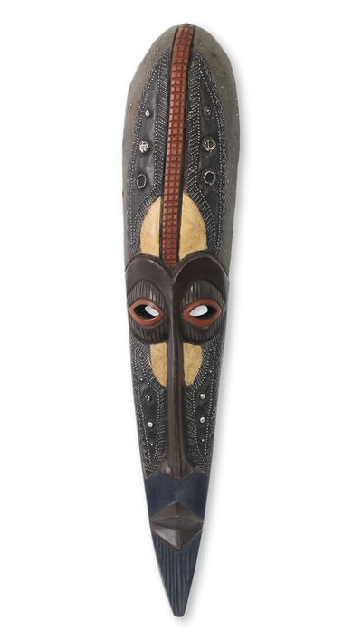 African wood mask, 'Agbeli' - African Mask Hand Carved Wood Aluminum