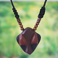 Men's wood pendant necklace, 'Ancestral Mask'