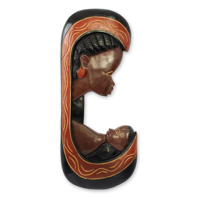 Wood wall sculpture, 'Motherly Love' - African Wood Wall Sculpture