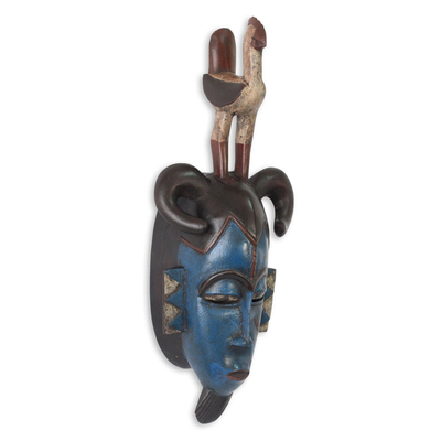 African mask, 'Guro Rooster' - Blue African Mask with Bird