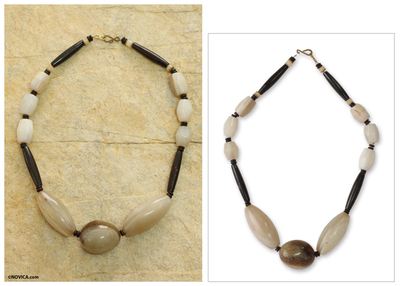 Bone beaded necklace, 'Anunyan' - Bone and Agate Artisan Crafted Necklace from Ghana