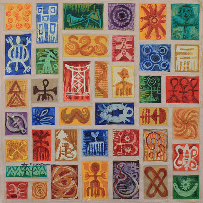 'Símbolos y Diseños I' - Pintura al óleo original firmada arte africano.