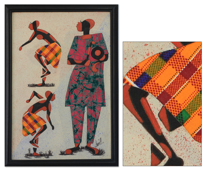 Fabric collage wall art, 'Apatampa Dancers II' - African Batik Framed Art