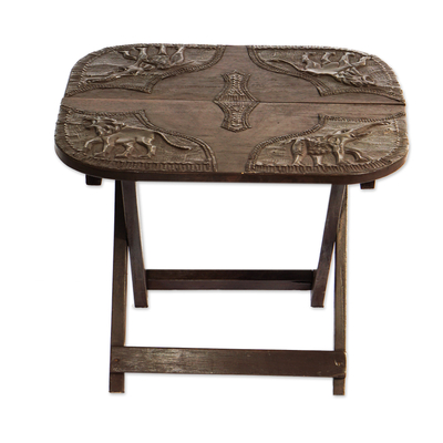 Wood and brass folding table, 'African Savannah' - African Hand Crafted Wood and Brass Folding Table 16 in Tall