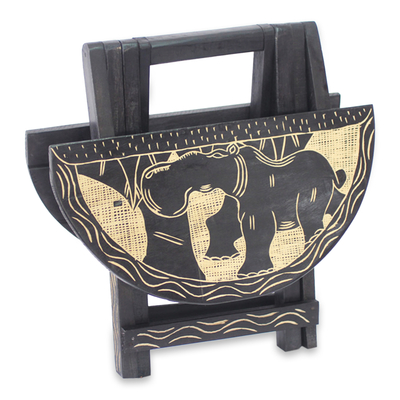 Wood accent table, 'Ahoto II' - Handcrafted African Animal Themed Wood Folding Table