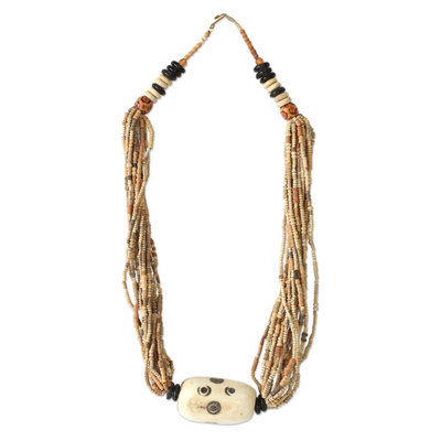 Collar con cuentas de hueso y cerámica, 'Anyigba' - Collar con cuentas artesanal de Ghana