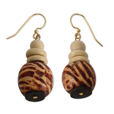 Wood beaded earrings, 'Desert Bird' - Wood Beaded Earrings on Brass Hooks from Ghana