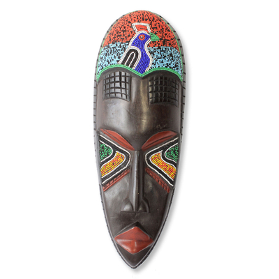 African mask, 'Victorious Rooster' - Beaded African Mask from Ghana