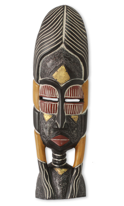 Máscara africana - Máscara africana de madera tallada con detalles de latón de Ghana