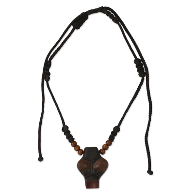 Men's wood pendant necklace, 'Wofa Adam' - African Mask Necklace for Men's Jewelry