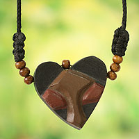 Men's wood pendant necklace, 'Kwele Love' - African Heart Mask Necklace for Men's Jewelry