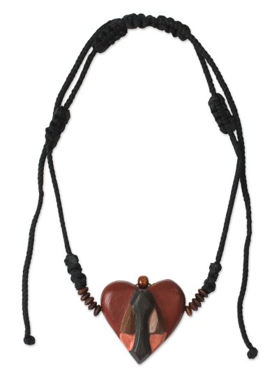 Wood pendant necklace, 'Kwele Love' - African Heart Mask Necklace for Women's Jewelry
