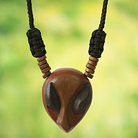Men's wood pendant necklace, 'Deer Mask' - African Mask Necklace for Men's Jewelry