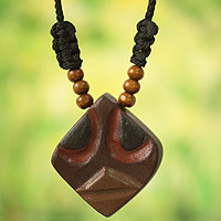 Men's wood pendant necklace, 'Okwonkwo' - Brave Igbo Warrior Mask Necklace for Men
