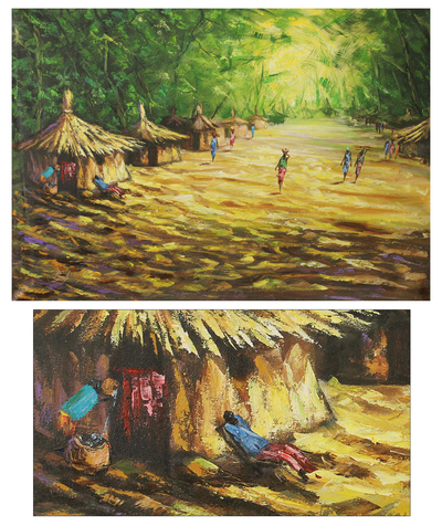 'In the Village' - pintura de paisaje africano