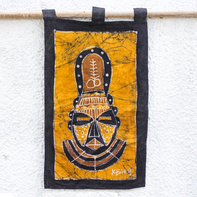 Colgante de pared batik - Colgante de pared batik de algodón con máscara africana marrón y amarilla