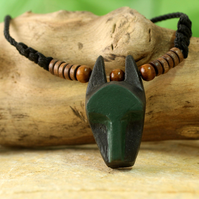Men's wood necklace, 'Horn Mask' - Mens Handmade Wood Mask Necklace from Africa
