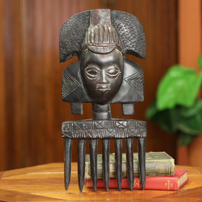 Wood wall sculpture, 'Ashanti Comb' - African Mask Comb Sculpture from Ghana