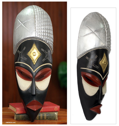 African mask, 'Haji' - Hand Carved African Mask with Embossed Metal