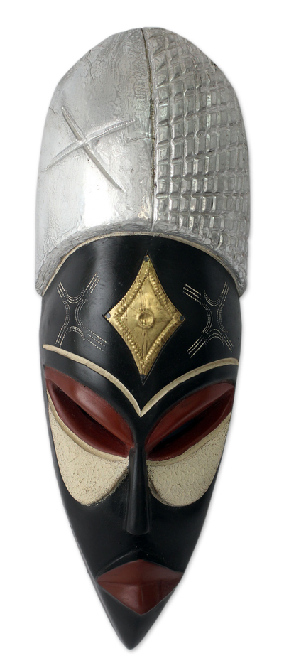 Máscara africana - Máscara africana tallada a mano con metal en relieve