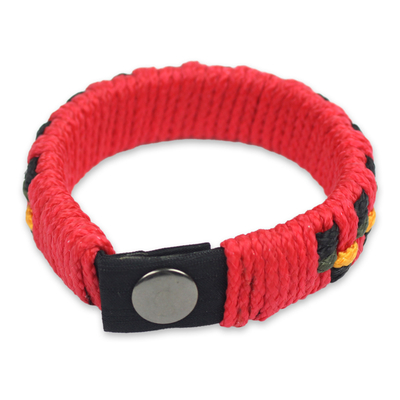 Men's wristband bracelet, 'Red Ananse Web' - Artisan Crafted Recycled Bracelet for Men