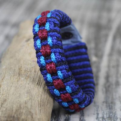 Men's wristband bracelet, 'Azure Ananse Web' - Men's Handmade Recycled Bracelet