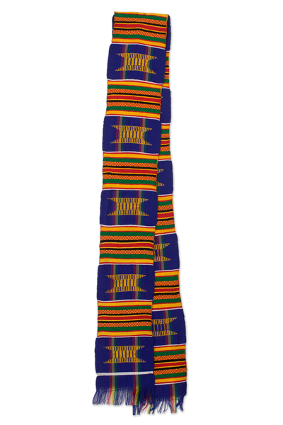 Kente-Tuch-Schal aus Baumwollmischung, 'Blue Makomaso Adeae' (5 Zoll Breite) - Ghanaisches Kente-Tuch Handgewebter Schal 5 Zoll Breite