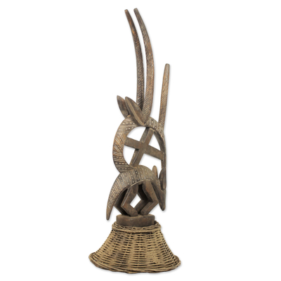Wood sculpture, 'Bambara Antelope' - Sese Wood Bambara Antelope Sculpture on a Rattan Base