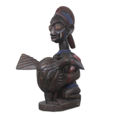 Wood sculpture, 'Yoruba Fowl Pot' - African Wood Sculpture Woman with Hen Pot