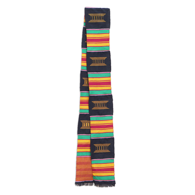Cotton blend kente cloth scarf, 'Makomaso Adeae' (5 inch width) - Multicolored Kente Handcrafted Cloth 5 Inch Width
