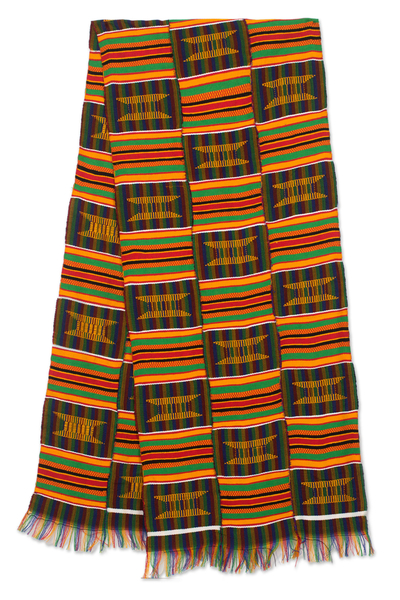 Cotton blend kente cloth scarf, 'Makomaso Adeae'  (15 inch width) - Multicolored Kente Handcrafted Cloth 15 Inch Width