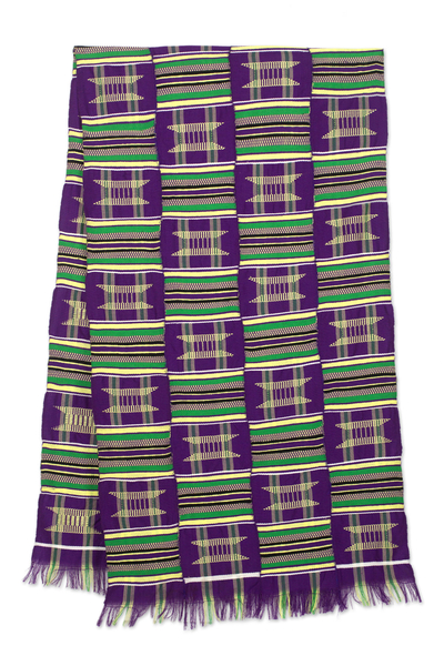 Cotton blend kente cloth scarf, 'Purple Makomaso Adeae'  (20 inch width) - Handwoven Traditional Kente Cloth Scarf 20 Inch Width