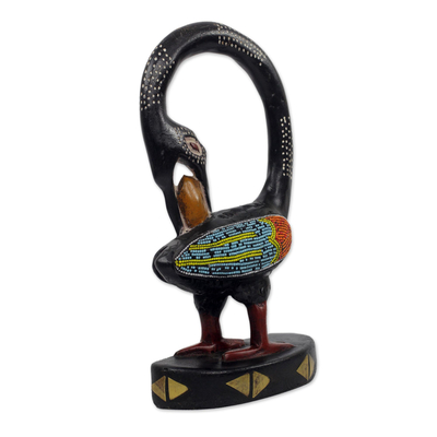 Wood sculpture, 'My Lovely Bird' - Adinkra Symbol Bird Wood Sculpture with Glass Beads