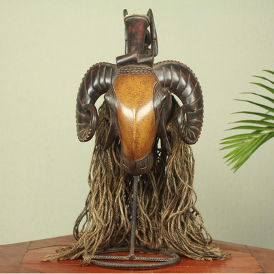 African mask, 'Brown Baule Ram' - Ivoirian African Ram Mask with Jute Mane