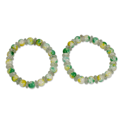 Beaded stretch bracelets, 'Bravo' (pair) - Two Agate and Recycled Glass Stretch Bracelets
