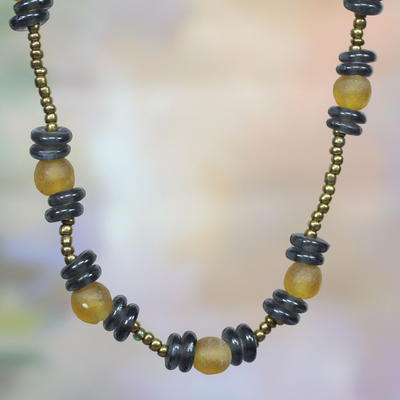 Recycled glass beaded necklace, 'Source of Delight' - Blue and Yellow Recycled Glass Beaded Necklace
