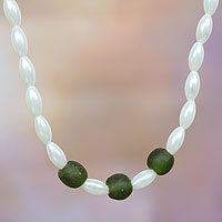 Recycled glass beaded necklace, 'Forest Cloud' - Green and White Recycled Glass Beaded Necklace