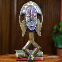 African wood mask, 'Bakota Reliquary Guardian' - Beaded African Wood Mask with Aluminum and Brass