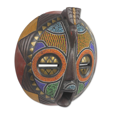 African beaded wood mask, 'Akan Anoma' - Colorful Handcrafted Bird African Mask